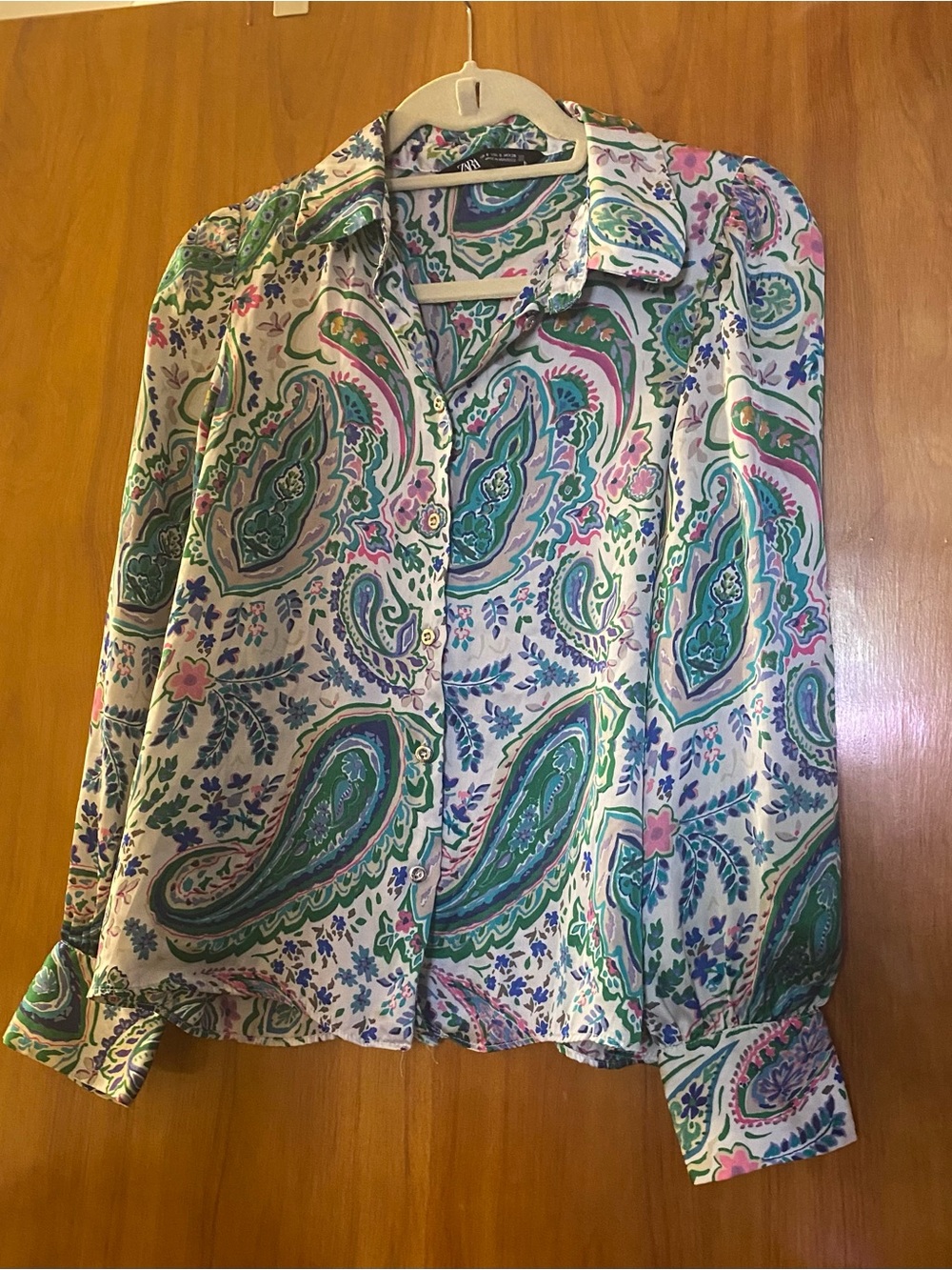 Zara Green Paisley Button-Down Blouse